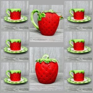 Gift Ideas Creation Strawberry Espresso coffee Tea Set 14 cups saucers pot sugar
